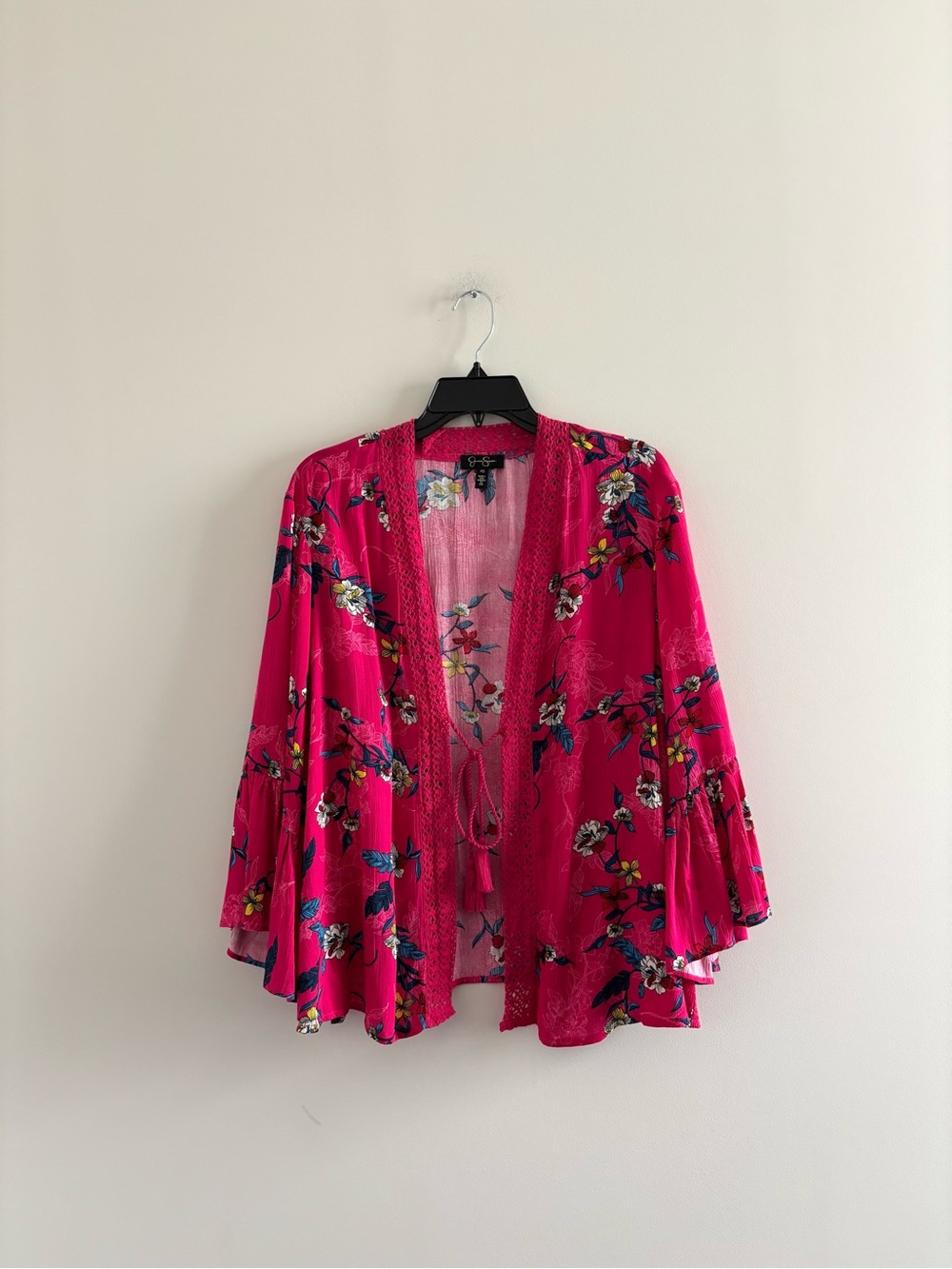Jessica Simpson Freya Kimono Top Pink Floral Crochet Womens XS Boho Indie Hippie